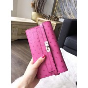 Best Hermes Kelly 31cm Wallet Autruche Ostrich Skin Handstitched, Fuschia Pink 5J RS07572