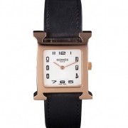 FAKE HERMES HEURE H ROSE GOLD BEZEL BLACK LEATHER STRAP WHITE DIAL RS23225