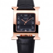 KNOCKOFF HERMES HEURE H BLACK DIAL GOLD CASE BLACK LEATHER STRAP RS23242