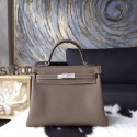 AAA Hermes Kelly 28cm Taurillon Clemence Original Leather Bag Handstitched Palladium Hardware, Etoupe CK18 RS00472
