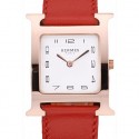 Hermes Heure H Rose Gold Bezel Red Leather Strap White Dial RS23224