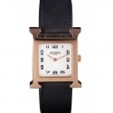 FAKE HERMES HEURE H ROSE GOLD BEZEL BLACK LEATHER STRAP WHITE DIAL RS23225