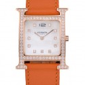 HERMES HEURE H ROSE GOLD DIAMOND ENCRUSTED BEZEL ORANGE LEATHER STRAP WHITE DIAL RS23234