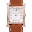 HERMES HEURE H ROSE GOLD DIAMOND ENCRUSTED BEZEL TAN LEATHER STRAP WHITE DIAL RS23235