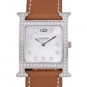 HERMES HEURE H STAINLESS STEEL DIAMOND ENCRUSTED BEZEL TAN LEATHER STRAP WHITE DIAL RS23236