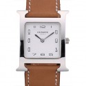 HERMES HEURE H STAINLESS STEEL POLISHED BEZEL TAN LEATHER STRAP WHITE DIAL RS23237