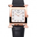 HERMES HEURE H WHITE DIAL GOLD CASE BLACK LEATHER STRAP RS23238