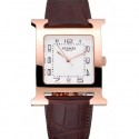 HERMES HEURE H WHITE DIAL GOLD CASE BROWN LEATHER STRAP RS23239