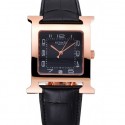 KNOCKOFF HERMES HEURE H BLACK DIAL GOLD CASE BLACK LEATHER STRAP RS23242