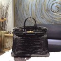 Knockoff Hermes Shiny Alligator Crocodile Birkin 40cm Gold Hardware Handstitched, Noir Black RS10582