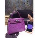 AAA Fake Hermes Kelly 25cm Ostrich Palladium Hardware Hand Stitched, Violet 5C RS13998