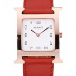 Hermes Heure H Rose Gold Bezel Red Leather Strap White Dial RS23224