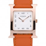AAAAA Hermes Heure H Rose Gold Bezel Orange Leather Strap White Dial RS23226
