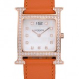 HERMES HEURE H ROSE GOLD DIAMOND ENCRUSTED BEZEL ORANGE LEATHER STRAP WHITE DIAL RS23234