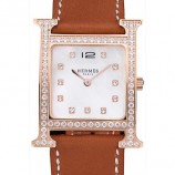 HERMES HEURE H ROSE GOLD DIAMOND ENCRUSTED BEZEL TAN LEATHER STRAP WHITE DIAL RS23235