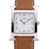 HERMES HEURE H STAINLESS STEEL POLISHED BEZEL TAN LEATHER STRAP WHITE DIAL RS23237