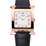 HERMES HEURE H WHITE DIAL GOLD CASE BLACK LEATHER STRAP RS23238