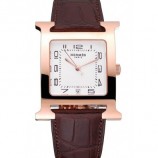 HERMES HEURE H WHITE DIAL GOLD CASE BROWN LEATHER STRAP RS23239
