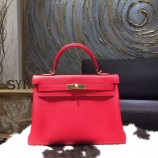 Hermes Kelly 32cm Taurillon Clemence Calfskin Original Leather Bag Handstitched Gold Hardware, Rouge Casaque CKQ5 RS13590