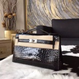 Hermes Mini Kelly KP Pochette 22cm Shiny Alligator Palladium Hardware Handstitched, Noir CK89 RS14977