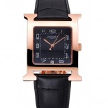 KNOCKOFF HERMES HEURE H BLACK DIAL GOLD CASE BLACK LEATHER STRAP RS23242