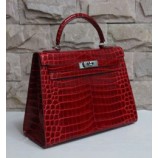 Knockoff Hermes Kelly 28cm Shiny Alligator Crocodile Palladium Hardware Handstitched, Rose Scheherazade J5 RS18340