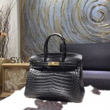 Knockoff Hermes Matte Alligator Crocodile Birkin 35cm Gold Hardware Handstitched, So Black RS00993