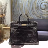 Knockoff Hermes Shiny Alligator Crocodile Birkin 40cm Gold Hardware Handstitched, Noir Black RS10582
