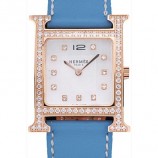 REPLICA HERMES HEURE H ROSE GOLD DIAMOND ENCRUSTED BEZEL BLUE LEATHER STRAP WHITE DIAL RS23251