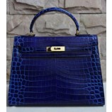 Hermes Shiny Alligator Crocodile Kelly 28cm/32cm Sellier Rigide Bag Silver Hardware Handstitched, Vert Fonce CK67 RS082571