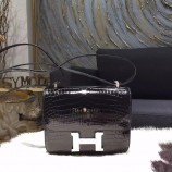 Sale 1:1 Hermes Constance 18cm Shiny Alligator Crocodile Original Leather Fully Handstitched Palladium Hardware, Noir Black RS17692