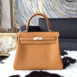 Sale 1:1 Hermes Kelly 25cm Togo Calfskin Bag Handstitched Palladium Hardware with White Stiching, Gold CC37 RS20379
