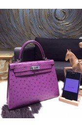 AAA Fake Hermes Kelly 25cm Ostrich Palladium Hardware Hand Stitched, Violet 5C RS13998