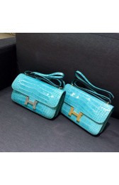 AAA Hermes Constance Elan 26cm Shiny Crocodile Skin Bag Handstitched Gold/Palladium Hardware, Turquoise Blue 7B RS11450