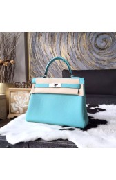 Cheap Hermes Kelly 28cm Togo Calfskin Bag Handstitched Gold Hardware, Lagon Blue 7V RS07540