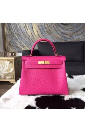 Copy Hermes Autruche Ostrich Souple Retourne Kelly 32cm Bag Handstitched Gold Hardware, Fuschia Pink 5J RS21552