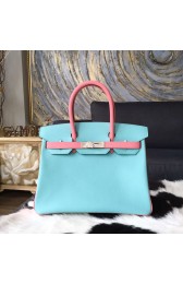 Hermes Birkin 30cm Epsom Calfskin Bag Handstitched Palladium Hardware, Blue Atoll 3P/Rose Confetti 1Q RS08392