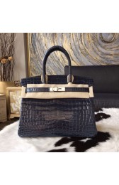 Hermes Birkin 30cm Shiny Crocodile Skin Bag Handstitched Palladium Hardware, Blue Indigo CK76 RS14940