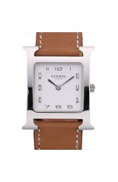 HERMES HEURE H STAINLESS STEEL POLISHED BEZEL TAN LEATHER STRAP WHITE DIAL RS23237