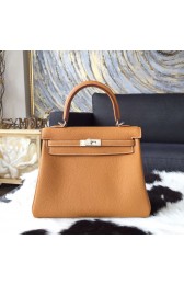 Hermes Kelly 25cm Togo Calfskin Bag Handstitched Palladium Hardware, Gold CK37 Contrast Stitching RS13214