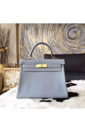 Hermes Kelly 28cm/32cm Taurillon Clemence Bag Handstitched Palladium/Gold Hardware, Blue Lin J7 RS07283