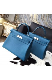Hermes Kelly 28cm/32cm Togo Calfskin Bag Handstitched Palladium Hardware, Blue de Galice S7 RS01033