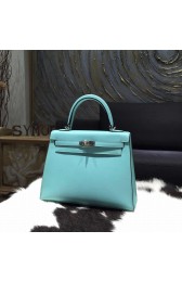 Hermes Kelly 28cm Epsom Calfskin Original Leather Bag Handstitched Palladium Hardware, Blue Atoll 3P RS03001