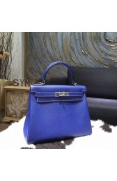 Hermes Kelly 28cm Epsom Calfskin Original Leather Bag Handstitched Palladium Hardware, Blue Electric 7T with Mykonos 7Q Interior and White Stitching RS04848