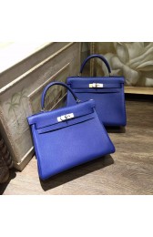 Hermes Kelly 28cm Taurillon Clemence Bag Handstitched Palladium/Gold Hardware, Blue Electric 7T RS14496