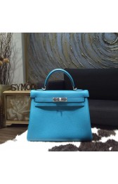 Hermes Kelly 28cm Togo Calfskin Bag Handstitched Palladium Hardware, Turquoise Blue 7B RS17657
