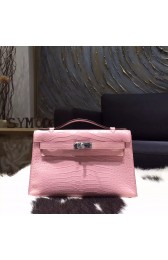 Hermes Mini Kelly Pochette 22cm Matte Alligator Crocodile Skin Palladium Hardware Handstitched, Pink 5P RS02809
