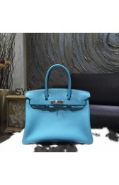 High Quality Hermes Birkin 30cm Togo Calfskin Bag Handstitched Palladium Hardware, Blue Turqouise 7B RS03006