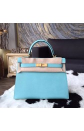 Knockoff Hermes Kelly 28cm Epsom Calfskin Original Leather Bag Handstitched, Blue Atoll 3P RS08487