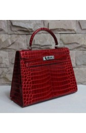 Knockoff Hermes Kelly 28cm Shiny Alligator Crocodile Palladium Hardware Handstitched, Rose Scheherazade J5 RS18340